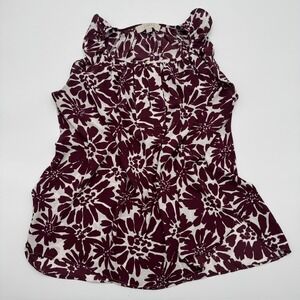 Ann Taylor LOFT Womens Small Burgundy White Floral Sleeveless Ruffle Blouse Top